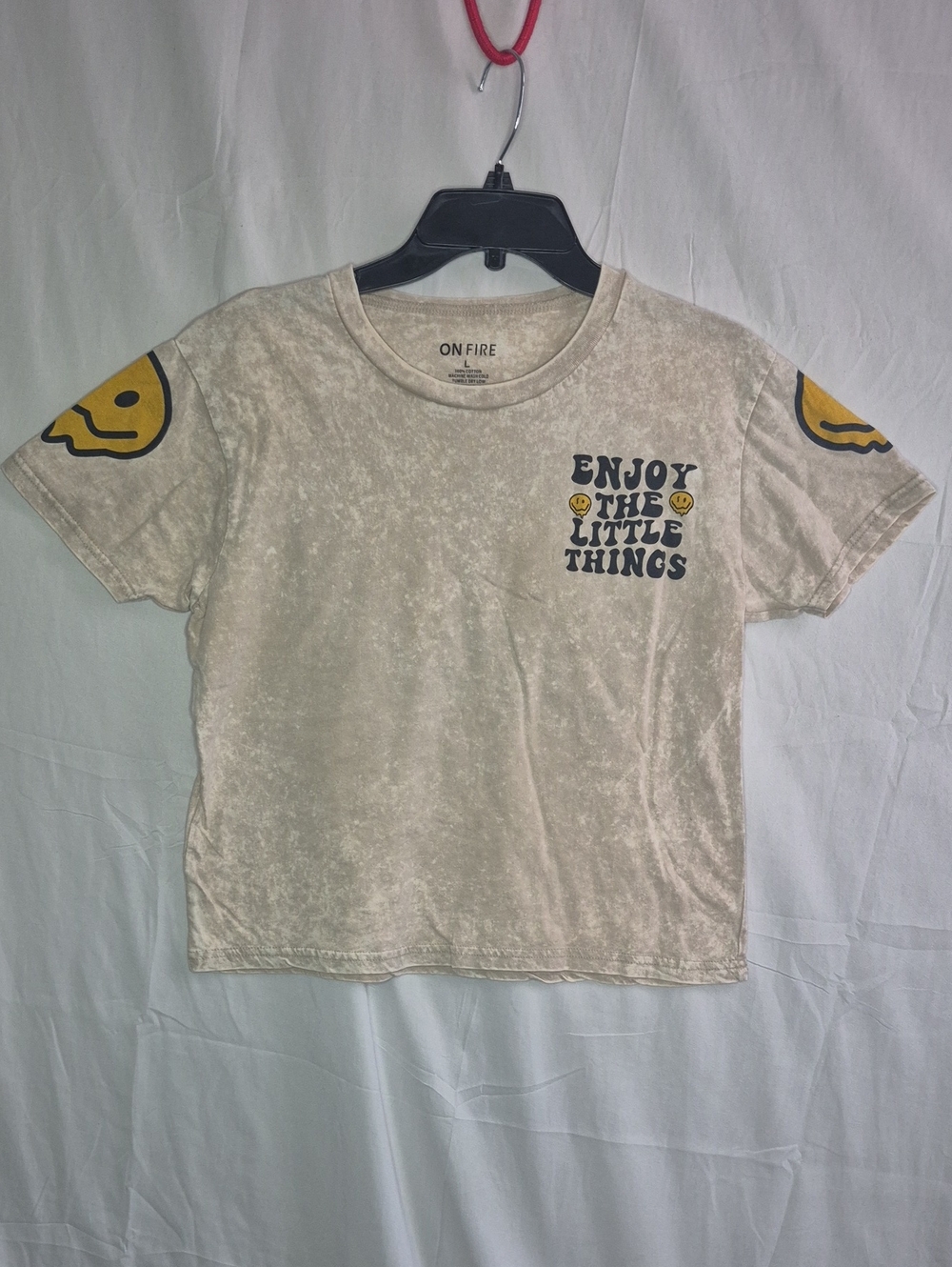 On Fire Beige Graphic Tee with Yellow Smiley Accents